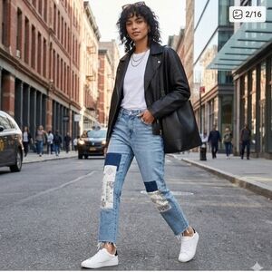 Kensie Slim True Vintage Blue Patchwork Medium Wash Distressed Boho Jeans